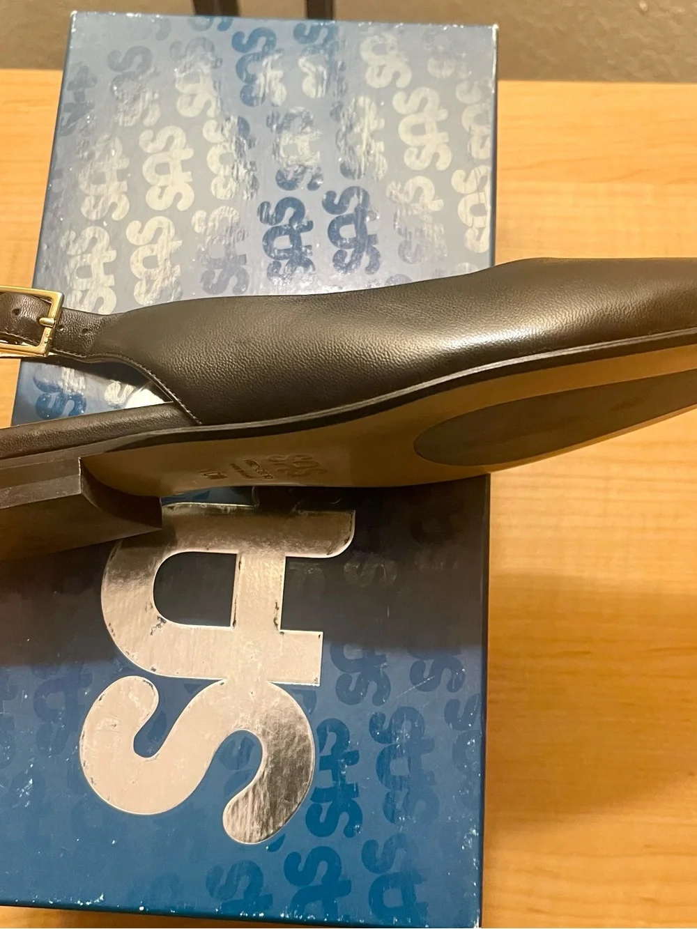 SAS Black Slingback Flat with Gold Buckle (New)